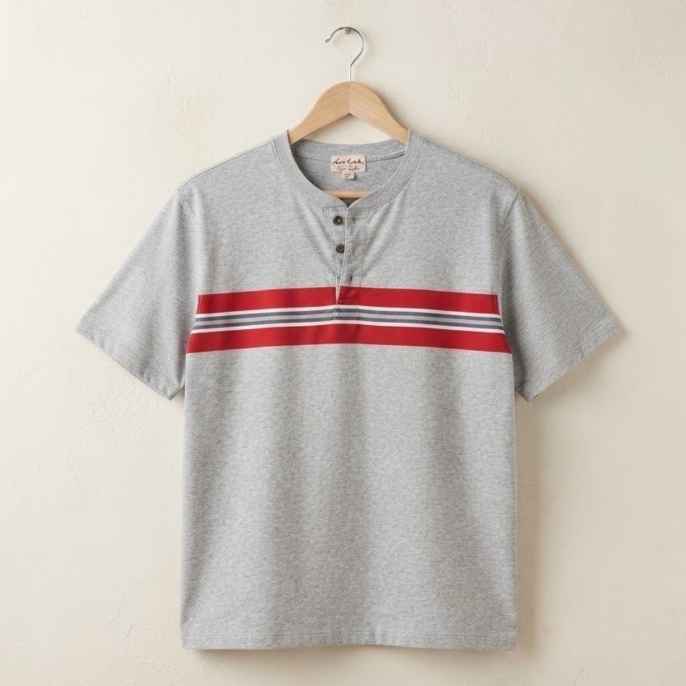 Eddie Bauer Mens Short Sleeve Henley Shirt Gray Red Striped Chest Band Large